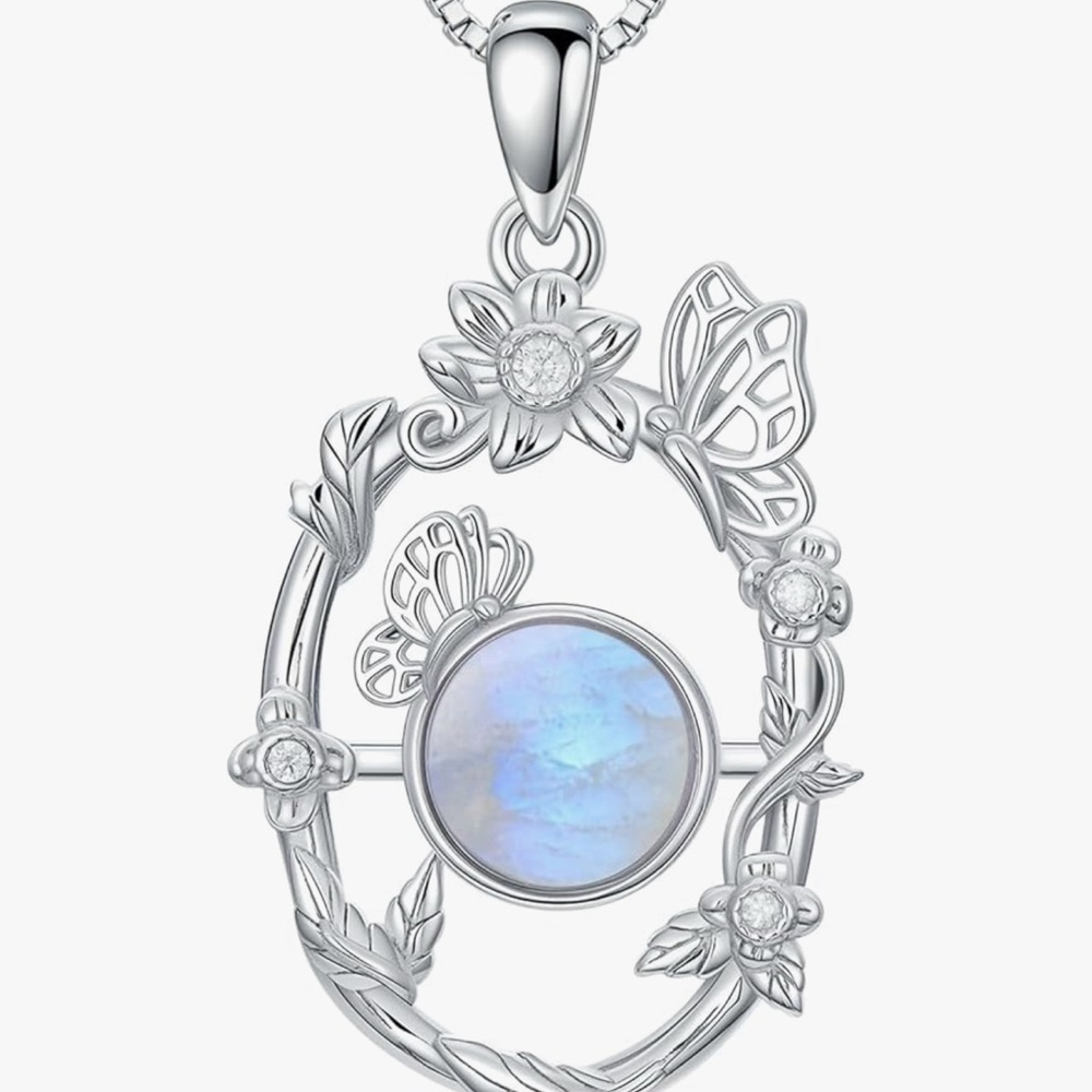 Rainbow Genuine Moonstone Butterfly Pendant Necklace
